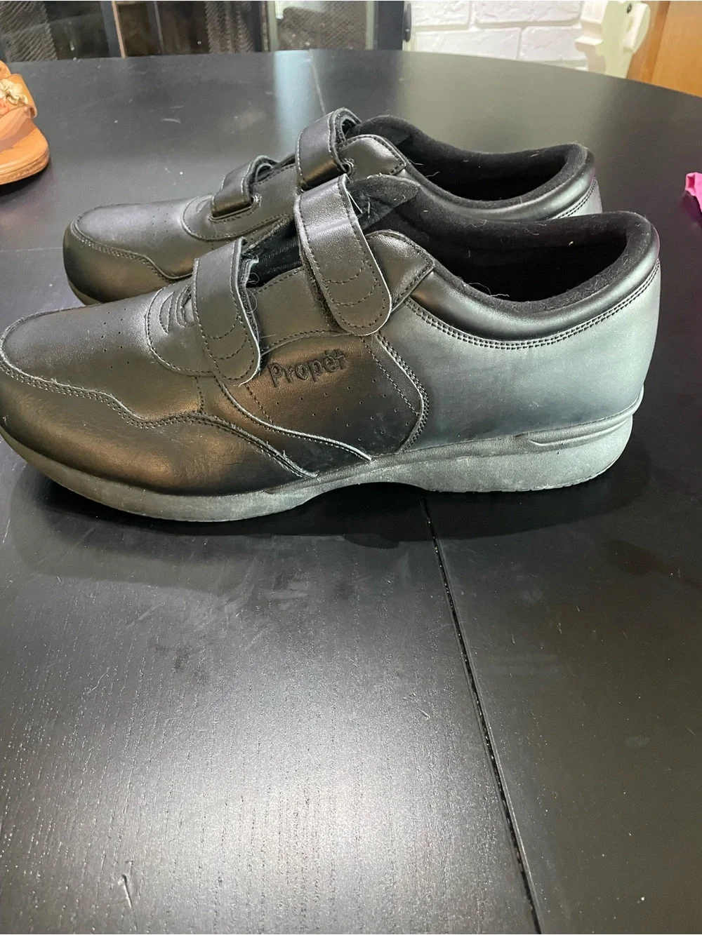 Propet Mens Sz 15 Black Leather Walking Shoes Life Walker Strap sneakers work